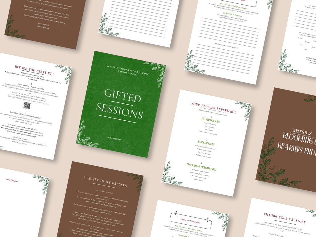 Collection of printed materials with green and brown design elements on a beige background