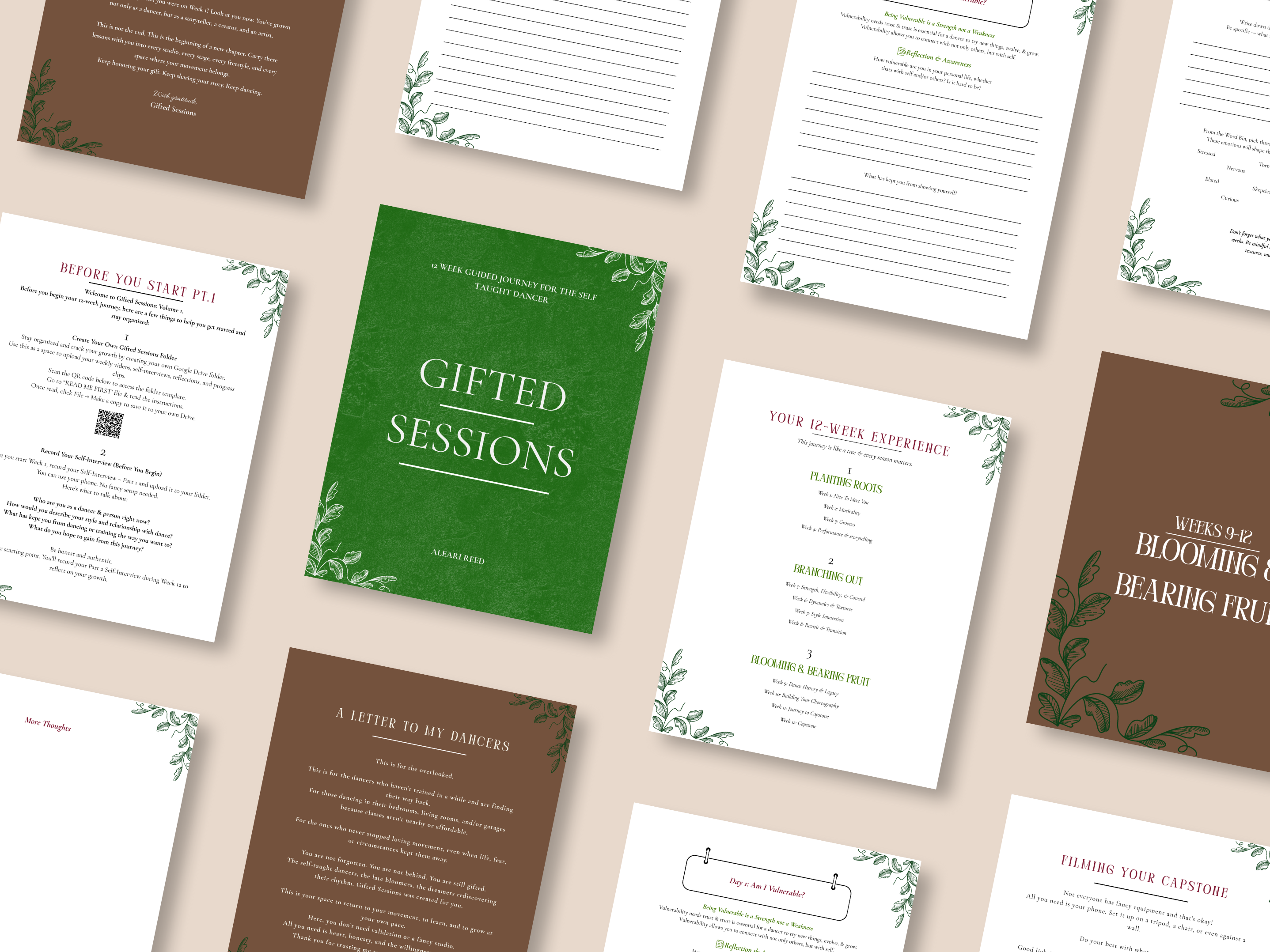 Collection of printed materials with green and brown design elements on a beige background