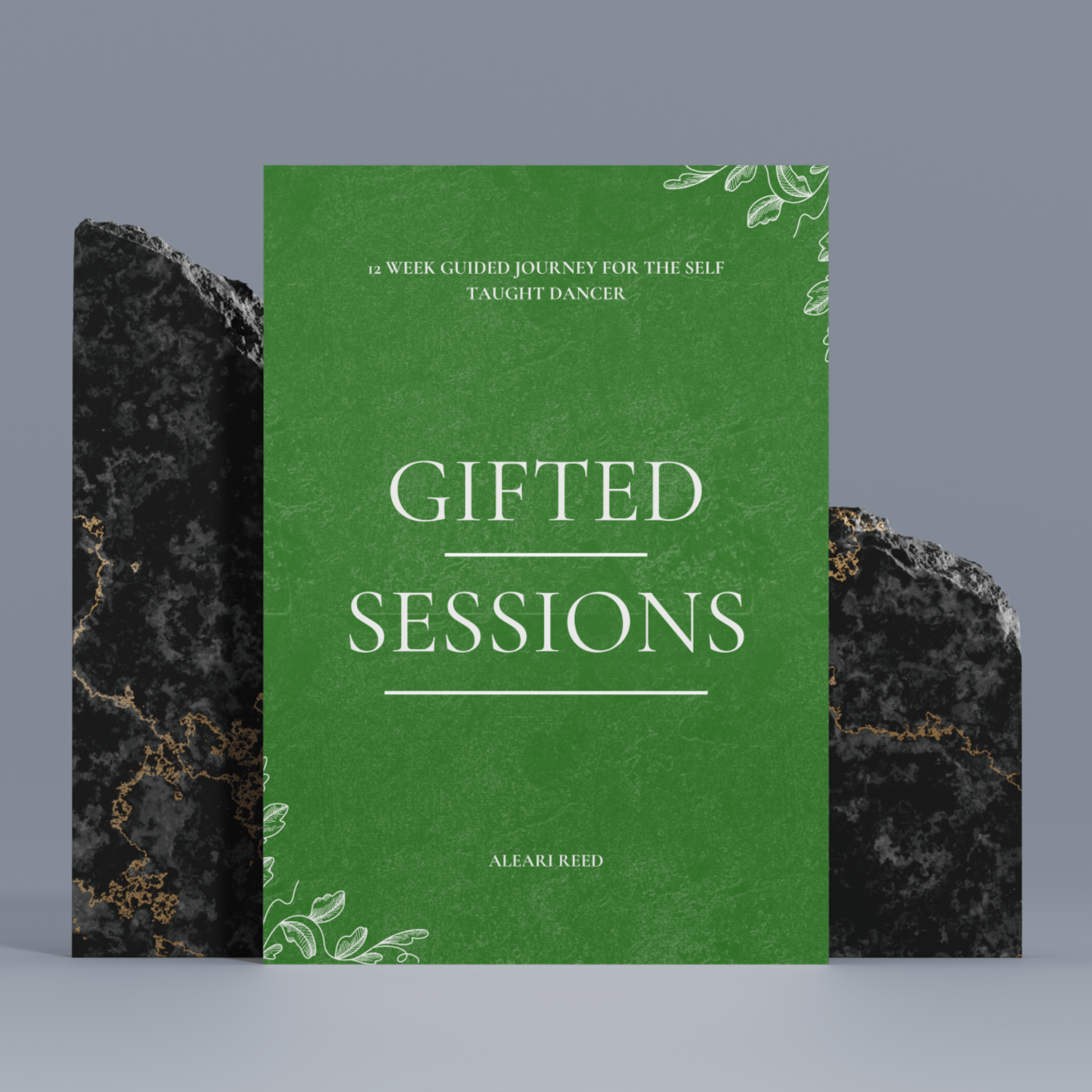 Green book titled 'Gifted Sessions' by Aleari Reed on a gray background with dark rock formations.